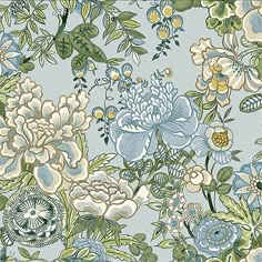 a blue and green floral wallpaper with white, yellow, and blue flowers on it