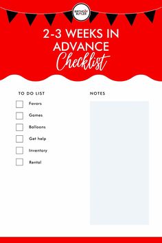 the 2 - 3 weeks in advance checklist is shown with red and black flags