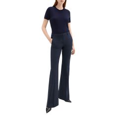 Theory "Demitria" Good Wool pants. Approx. measurements:  35" inseam; 22" leg opening; 10" front rise; 15" back rise, size 8. Mid rise; darts at back. Side slip pockets; back welt pockets. Fitted through straight legs. Full length hem. Hook/zip fly; belt loops. Wool/spandex. Care note:  Do not wash, bleach, or tumble dry. Cool iron if needed. Dry clean with any solvent except trichloroethylene. Imported. Stretch Wide-leg Formal Pants, Fitted Wide Leg Pants With Welt Pockets, Fitted High-waisted Wide Leg Pants For Office, Fitted Full-length Pantsuit With Welt Pockets, Fitted Business Casual Pantsuit With Straight Pants, Fitted Elastane Pantsuit, Chic Fitted Wide Leg Pants With Pressed Crease, Fitted High-waisted Elastane Pantsuit, Fitted High-waisted Wide Leg Pants For Work