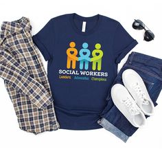 "Calling all Social Workers. This is the perfect shirt for you to recognize National Social Work Month. This graphic tee is everything you've dreamed of and more. It feels soft and lightweight, with the right amount of stretch. It's comfortable and flattering for both men and women. Multiple color and size options, see drop down menu in listing for available colors and the size chart is listed below. If you have any questions about sizing or colors, please feel free to message me! PLEASE READ: T Blue Crew Neck T-shirt For Labor Day, Labor Day Relaxed Fit Crew Neck T-shirt, Cotton Workwear Tops With Logo Print, Graphic Print Crew Neck T-shirt For Work, National Social Work Month, Social Worker Tshirt, Social Worker Outfits, Worker Aesthetic, Work T Shirt