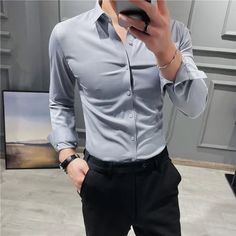 SPECIFICATIONS Material: COTTON Material: Polyester Shirts Type: Casual Shirts Applicable Scene: BUSINESS Style: Smart Casual Sleeve Length(cm): Full Applicable Season: Spring and Summer Gender: MEN Item Type: Shirts Collar: Turn-down Collar Closure Type: Single Breasted Sleeve Style: Regular Fabric Type: Broadcloth Pattern Type: Solid Gray Long Sleeve Office Shirt, Fitted Gray Collared Shirt, Fitted Collared Gray Shirt, Fitted Long Sleeve Gray Shirt, British Style Men, Business Style, Color Khaki, Shirt Collar, British Style