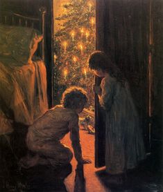 two children looking at a christmas tree through a window with lights in the room behind them