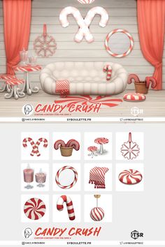 the candy crush theme is shown in red and white