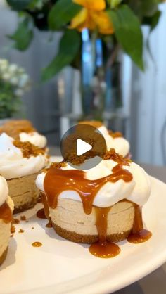 three desserts on a white plate with caramel drizzle and icing