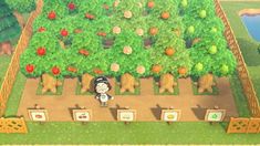 an animal crossing game is shown in the middle of a field with trees and fruit