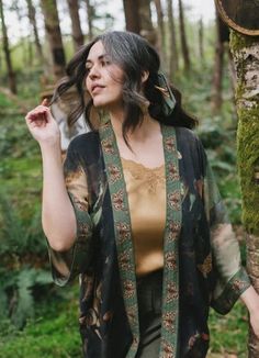 Market of Stars Heartwork Bamboo Bohemian Kimono Cardigan with Belt Painted Forest, Women In Art, Artemisia Gentileschi, Birds And Butterflies, Bohemian Kimono, Beautiful Kimonos, Soft Cardigan, Long Kimono, Style Cardigan