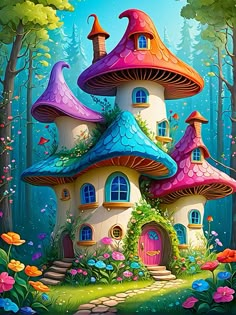 a painting of a mushroom house in the woods with flowers and trees around it,