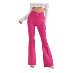 New Pink Stretchy High Waisted Jeans Pants Pink Non-stretch Bottoms For Fall, Non-stretch Pink Bottoms For Fall, Spring Stretch High Rise Wide Leg Pants, Chic High Rise Pink Bottoms, Pink High Rise Non-stretch Pants, Chic Mid-rise Pink Bottoms, Pink High Waist Wide Leg Pants For Fall, Pink High Rise Pants For Fall, High Rise Pink Pants For Fall