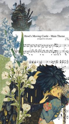 an anime scene with flowers and music notes