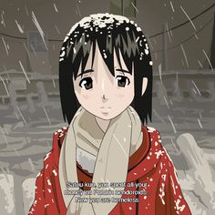 an anime character with black hair and brown eyes, wearing a red kimono in the snow