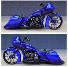 two pictures of a blue motorcycle with chrome wheels