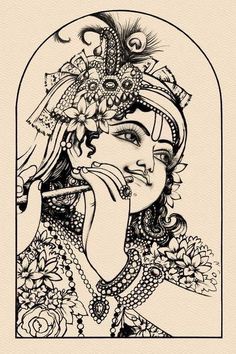 a drawing of a woman with flowers in her hair and an ornate headpiece on her face