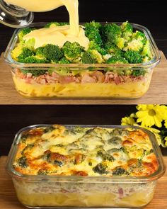 broccoli and cheese casserole is being poured into the casserole dish