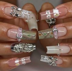 Camo Inspired Nails, Nail Designs Accessories, Long Square Nails Winter, Belt Nails, Pierced Nails, 21 Nails, Lace Nail Design, Acrylic Nail Designs Coffin, Nyc Nails