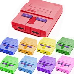 several different colored boxes sitting next to each other