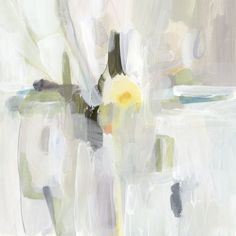 an abstract painting with white, yellow and gray colors on it's surface is shown