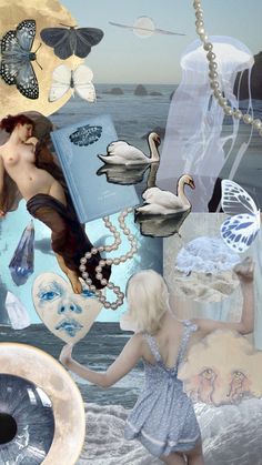 a collage of images with women in the water and butterflies flying around them, including an image of a woman holding a book