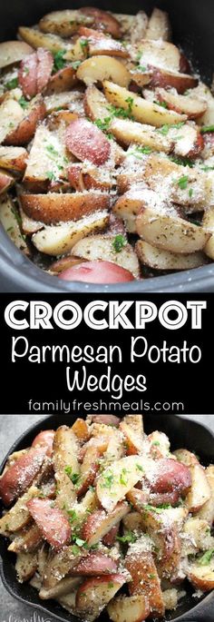 crockpot parmesan potato wedges with ham and cheese in a cast iron skillet