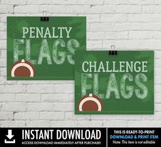 two green and white signs on a brick wall with the words penalty flags challenge flags