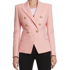 Pale Pink Wool Blazer - Structured Shoulders- Double-Breasted Closure- Six Embossed Gold-Tone Buttons- Two Flap Pockets And One Flat Chest Pocket 100% Cotton,Color Is Pale Pink Luxury Pink Blazer With Button Closure, Designer Pink Blazer For Workwear, Designer Pink Blazer For Work, Luxury Pink Blazer With Buttons, Designer Pink Blazer For Office, Luxury Pink Blazer With Double Button Closure, Luxury Pink Outerwear With Buttons, Luxury Pink Double-breasted Blazer, Designer Pink Double-breasted Outerwear