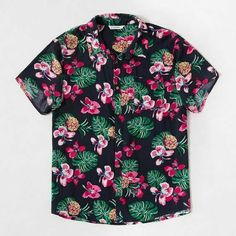 This is a brand new w/tags Men's 100% Rayon Hawaiian style shirt. It's black with a brilliantly colored pink, green and yellow tropical floral and pineapples design. It is a Men's Size XXL. The brand is "PatPat" and it was Made in China. Please check your measurements for a proper fit. The chest measures 53 inches around at the armpit and from shoulder to bottom measures 31 inches long. The measurements were taken with the item laying flat. If you have any questions, please email me and I'll do Tropical Cotton Camp Shirt With Camp Collar, Casual Cotton Hawaiian Shirt With Tropical Print, Casual Black Hawaiian Shirt For Beach Season, Casual Camp Shirt With Floral Print, Casual Camp Shirt With Floral Print And Camp Collar, Black Hawaiian Tops For Beach Season, Casual Printed Hawaiian Shirt With Camp Collar, Multicolor Cotton Hawaiian Short Sleeve Shirt, Multicolor Hawaiian Camp Shirt In Cotton