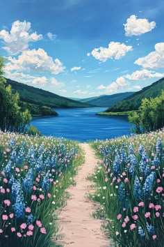 a painting of a path leading to a lake with wildflowers in the foreground