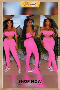 Sexy Strapless Crop Top and Long Stack Pants 2 Pieces Set Pink Fitted Bandeau Bottoms, Trendy Pink Two-piece Bottoms Set, Trendy Two-piece Set Bottoms For Night Out, Stack Pants, Strapless Crop Top, 1 Million, Crop Top, Shop Now, Crop Tops