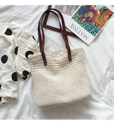 Buy Online High Quality, Unique Handmade Handmade Crochet Shoulder Bag with Leather Strap, Hand Woven, Fashion Casual Bag, Gift for Her, Women's Woven Bag - Elena Handbags Casual White Square Crochet Bag, White Square Crochet Bag For Vacation, Casual Cream Crochet Bag Woven Style, Casual Cream Woven Crochet Bag, White Woven Shoulder Beach Bag, Eco-friendly White Shoulder Bag With Large Capacity, Eco-friendly Large Capacity White Shoulder Bag, Eco-friendly Cream Beach Bag, White Square Summer Beach Bag