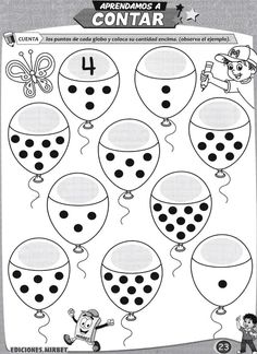 an activity sheet for children to learn how to count the number four in each balloon