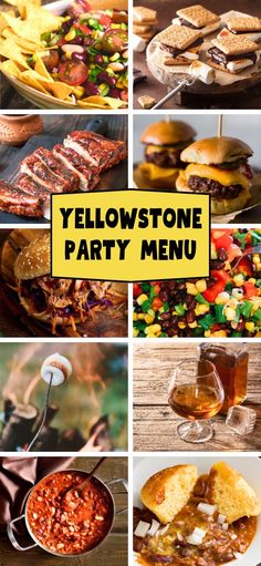 yellow stone party menu with pictures of different foods and drinks on the table, including burgers