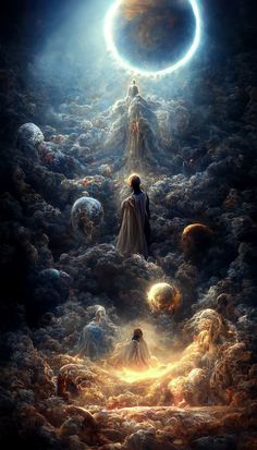 a man standing in the clouds surrounded by planets