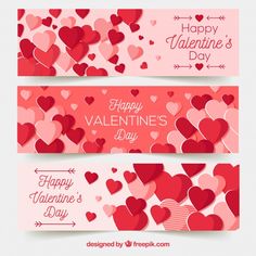 three valentine's day banners with hearts