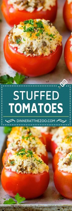 stuffed tomatoes with cheese and herbs on top