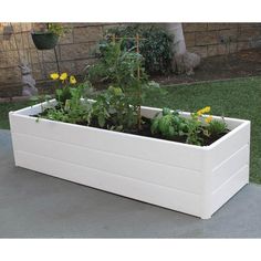 a large white planter filled with lots of green plants and yellow flowers in it