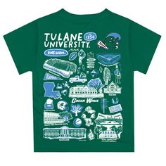 Let your kiddo look cool in his new Vive La Fete Impressions hand sketched artwork boys tee shirt. Let him play, go to the game, and cheer loudly and proudly with his Tulane University Green Wave gear by Vive La Fete.Celebrate and cheer on game day with our classic design Tulane University Green Wave Short Overstitched Crew Neck Sleeve Top. Officially Licensed product sold by Vive La Fete.This awesome graphics, fun and game day crew neck t-shirt features officially licensed Tulane University Gre Green Graphic Tee For School, Green T-shirt With Graphic Print For School Spirit, Green Graphic Print Tops For School, Green Tops With Graphic Print For School Spirit, Green Graphic Print Top For School Spirit, Green Tops With Graphic Design For Fan Merchandise, Tulane Green Wave, Tulane University, Green Wave