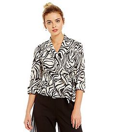 Alex Evenings Printed Side Tie Blouse Trendy 3/4 Sleeve Tops For Work, Trendy 3/4 Sleeve Tops For Spring, Trendy Tops With 3/4 Sleeves For Work, Trendy Spring Tops With 3/4 Sleeves, Chic 3/4 Sleeve Spring Top, Fitted Tops With 3/4 Sleeves For Day Out, Tops And Blouses, Alex Evenings, Tie Blouse