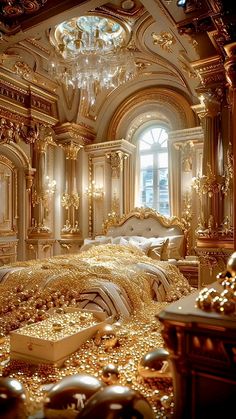 an elaborately decorated bedroom with gold decorations