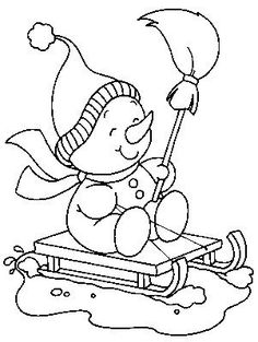 a coloring page with a snowman on a sled in the water and holding an umbrella