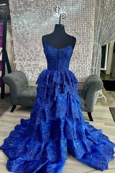 Straps Royal Blue Tiered Formal Dress Tiered Evening Dress For Prom Season, Tiered Evening Dress With Fitted Bodice, Tulle Prom Dress Long, One Shoulder Homecoming Dress, Chiffon Wedding Dress Beach, Tiered Prom Dress, Dress With Sequins, Lace Homecoming Dresses, A Line Prom Dresses