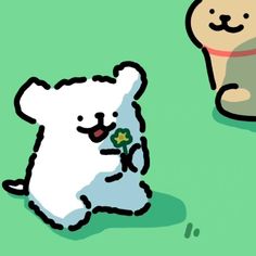 a cartoon bear holding a flower next to a small teddy bear on a green background