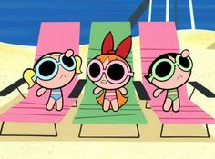 three cartoon characters sitting on beach chairs in front of the ocean, one wearing sun glasses