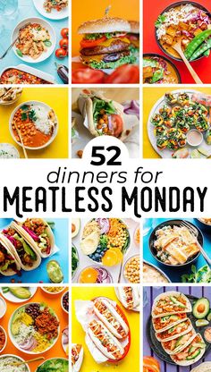 the cover of 52 dinners for meatless monday, with images of different foods and vegetables