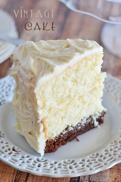 two pictures of a piece of cake with white frosting on top and the same slice cut in half