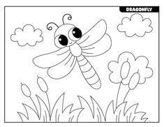 the dragonfly is flying in the sky with flowers and clouds behind it, coloring page