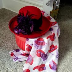 Set Includes The Lovely Red Hat With Purple Accents That Is New With Tags, Matching Scarf, And Hat Box To Store. Red Hat As A Gift, One Size Fits All, Red Hat As A Gift, Red Fitted Hats As Gifts, Red Fitted Hat For Gift, Red Fitted Hat As Gift, Red Hat For Kentucky Derby Gift, Black Pom Pom Hat, Shadow Logo, Floral Bucket Hat