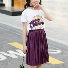 Kid Girl Star Letter Print Top & Pleated Skirt - PrettyKid Purple Summer School Skirt, Purple Summer Skirt For School, Summer School Purple Skirt, Kids Designer Dresses, Baby Vest, Summer Fabrics, Green Skirt, Print Top, Letter Print