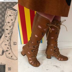 Late 60s Gogo Boots Size 7 Rare Milk Chocolate Brown Lace Up Gogo Boots With Cut-Outs. I’m A Big Collector And I Haven’t Seen This Style Before Featured In An Early 70s Fredericks Of Hollywood Catalog! Made In Mexico No Size Marked, But I Would Guess Around A 7 A Measurements Below. I’m Too Big For Them Which Is Why They Look Odd On My Foot. Lace Up The Front With Grommets. Shoelaces Are Leather Scalloped Where The Grommets Are For More Fun Detail Teardrop Cut Outs Up The Legs And On The Foot Rounded Toe Chunky Heel Leather Outer, Lined In Nylon Very Good Shape. I Don’t Think These Are The Original Laces, I Think A Brown Or Black Ribbon Would Look Great Too. Light Dry Rot From Retro High Heel Fitted Boots, Retro Fitted High Heel Boots, Retro Fitted High Heeled Boots, Vintage Ankle Boots For Spring, Vintage Brown Lace-up Heeled Boots, Retro Fitted Brown Boots, Fitted Retro Brown Boots, Vintage High Heel Boots With Leather Sole, Vintage Knee-high Heeled Boots