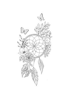 a black and white drawing of flowers, butterflies and a dream catcher on a white background