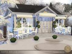 an animated rendering of a patio with tables and chairs in front of a gazebo