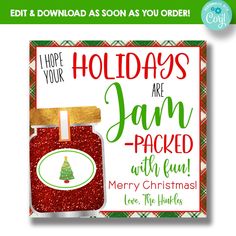 a christmas card with a jar of jam on it and the words holidays are jam packed with fun